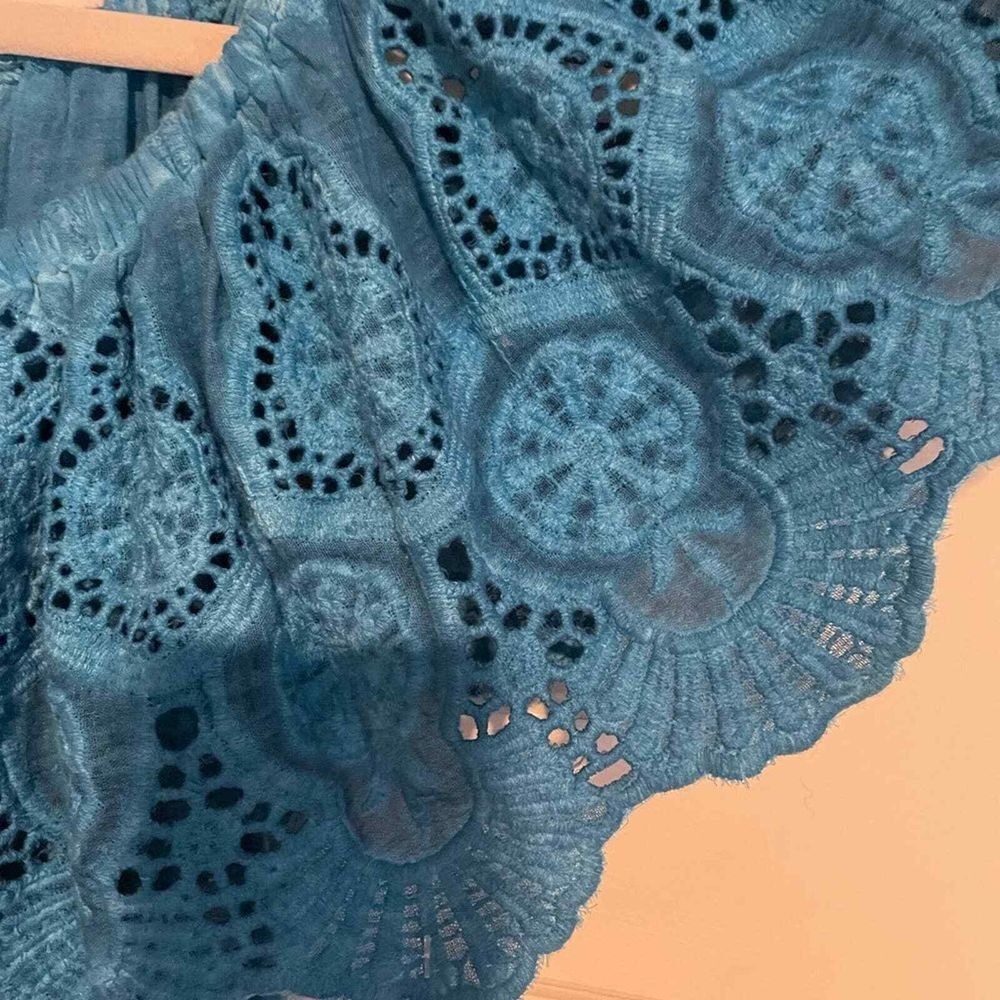 Turquoise Off-Shoulder Eyelet Lace Summer Dress with Ruffle Detail Midi Length - Picture 4 of 7